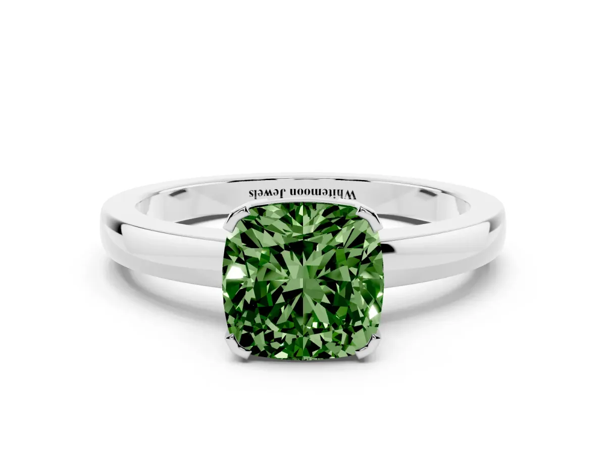 Fancy Green Cushion Cut Cut Solitaire Ring with Four-Prong Setting and Classic Band Silver