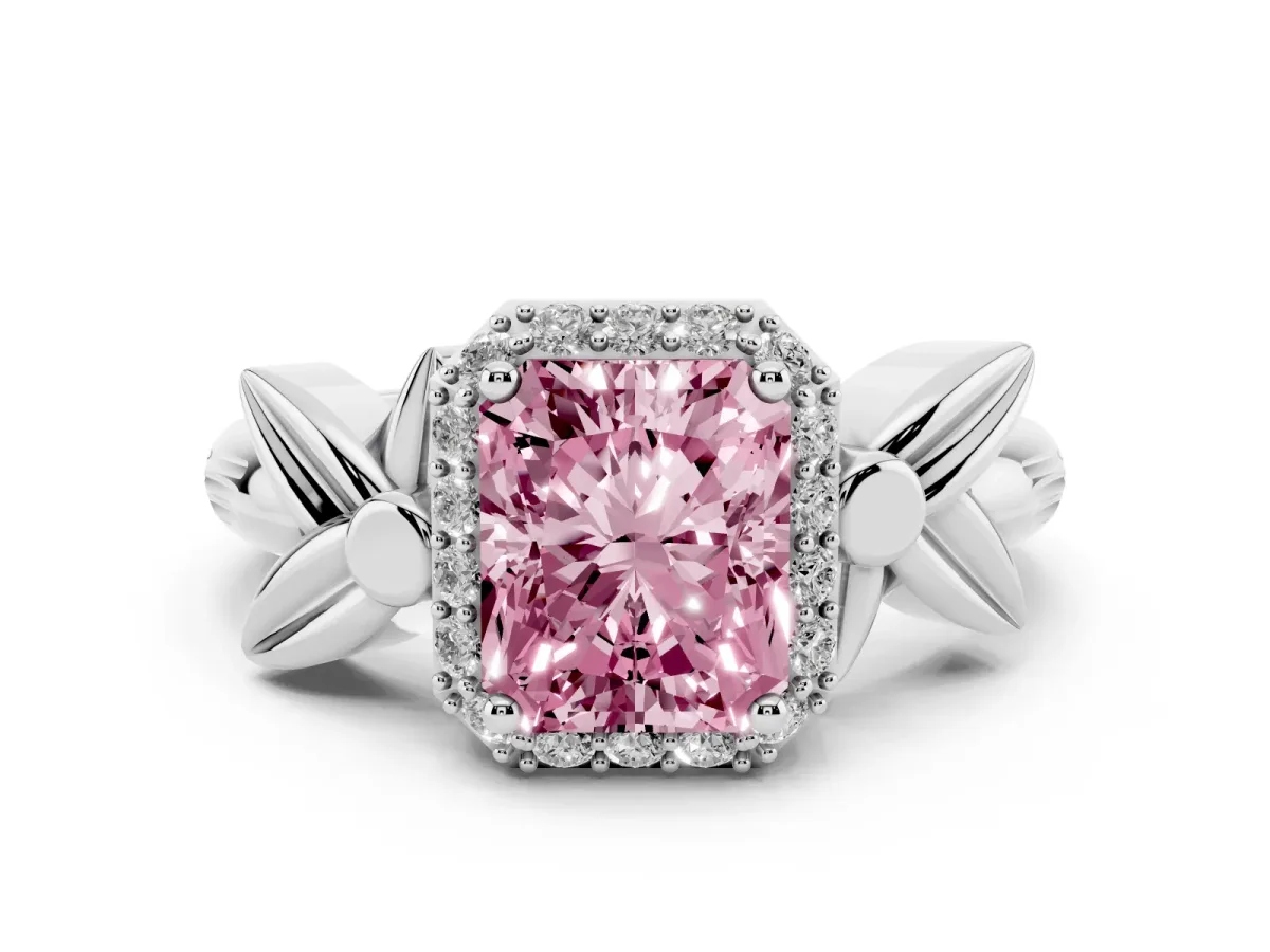 Fancy Pink Radiant Cut Halo Diamond Floral Band with Four-Prong Setting Platinum