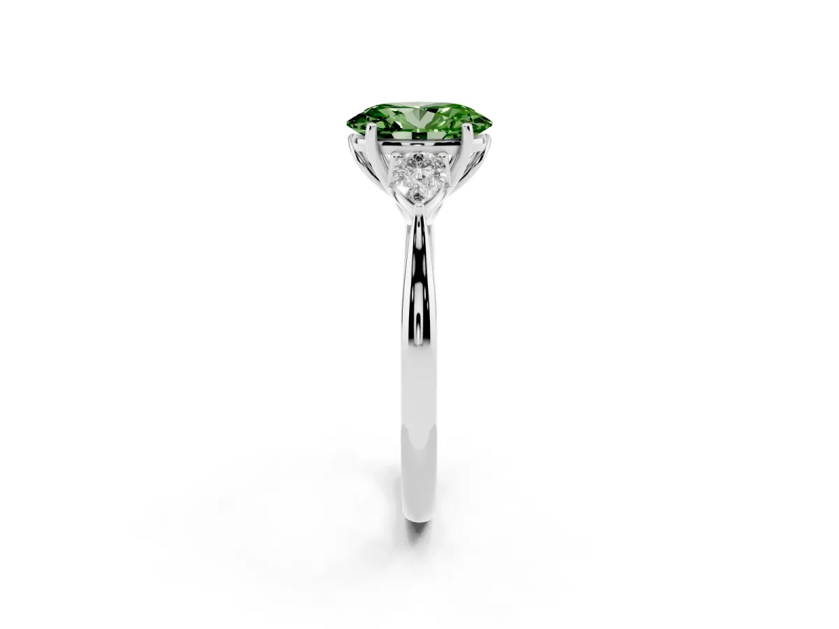 Fancy Green Oval Cut Diamond Three-Stone Ring with Pear Side Stones and Prong Setting Silver