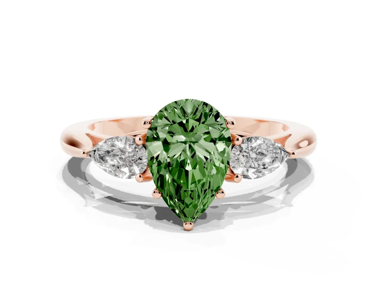 Fancy Green Pear Cut Diamond Three-Stone Ring with Pear Side Stones and Prong Setting Rose gold