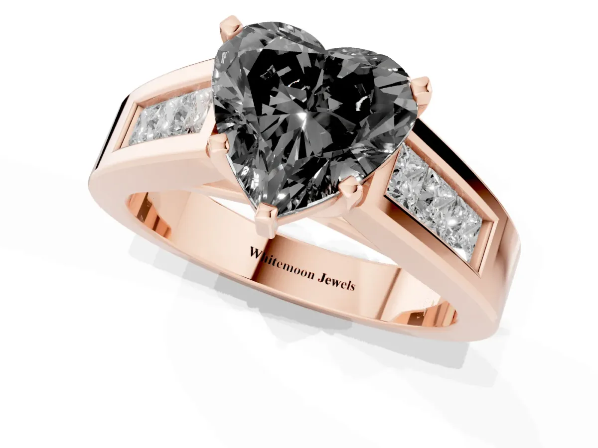 Fancy Black Heart Cut Cut Channel Set Solitaire Ring with Four-Prong Setting Rose gold