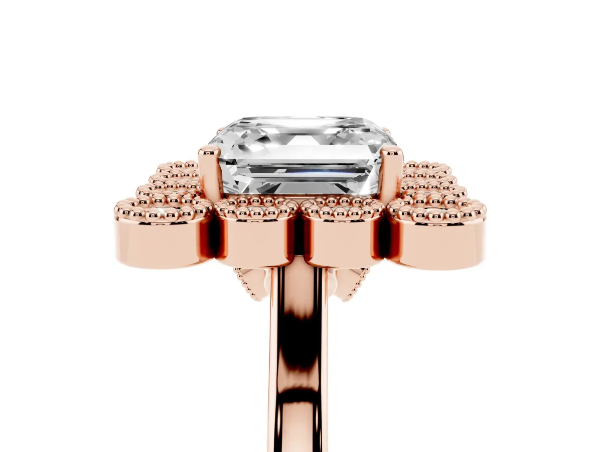 Asscher Cut Halo Diamond Cluster Engagement Ring with Milgrain Bezel Setting and Solitaire Band Rose gold