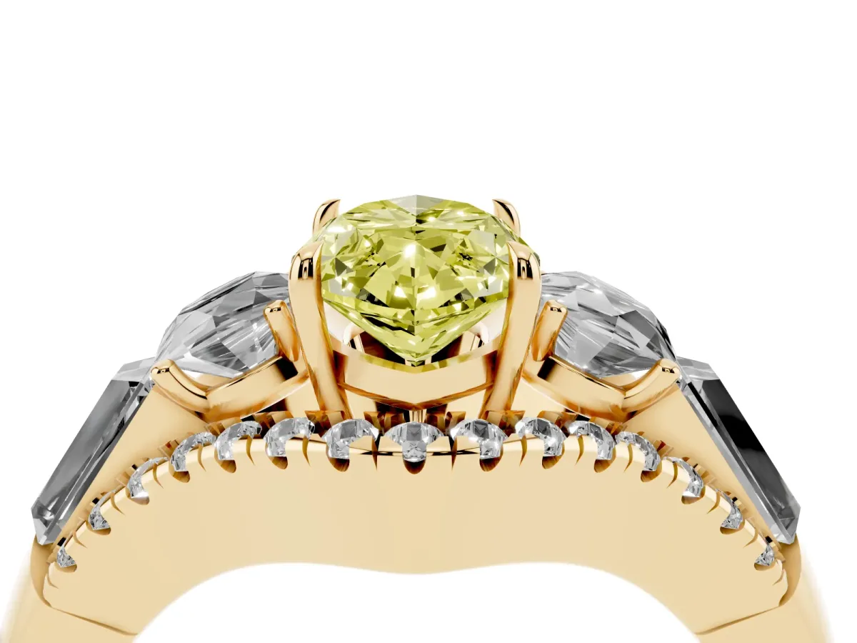 Fancy Yellow Three-Stone Marquise Cut Diamond Engagement Ring with Pave Band and Prong Setting Yellow gold