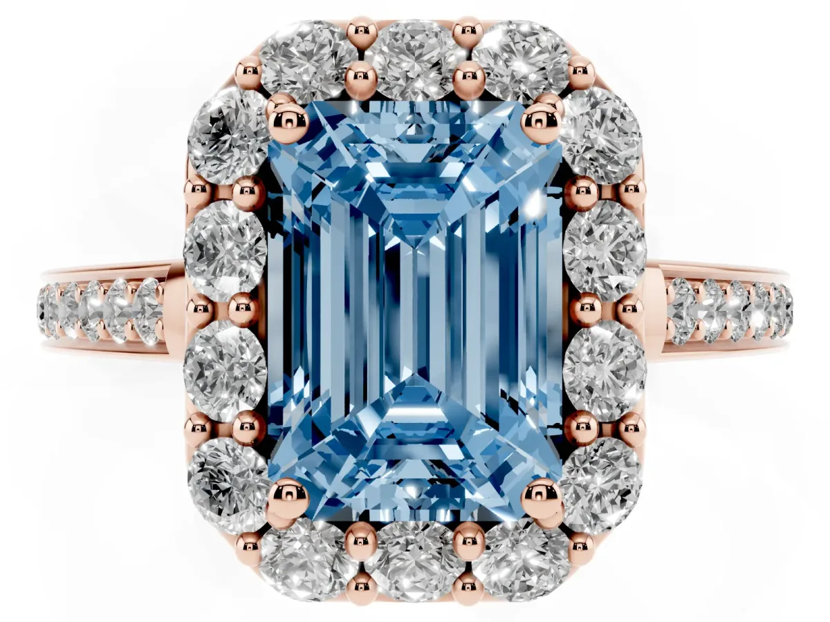 Fancy Blue Emerald Cut Diamond Floral Halo Ring with Pavé Band and Prong Setting Rose gold
