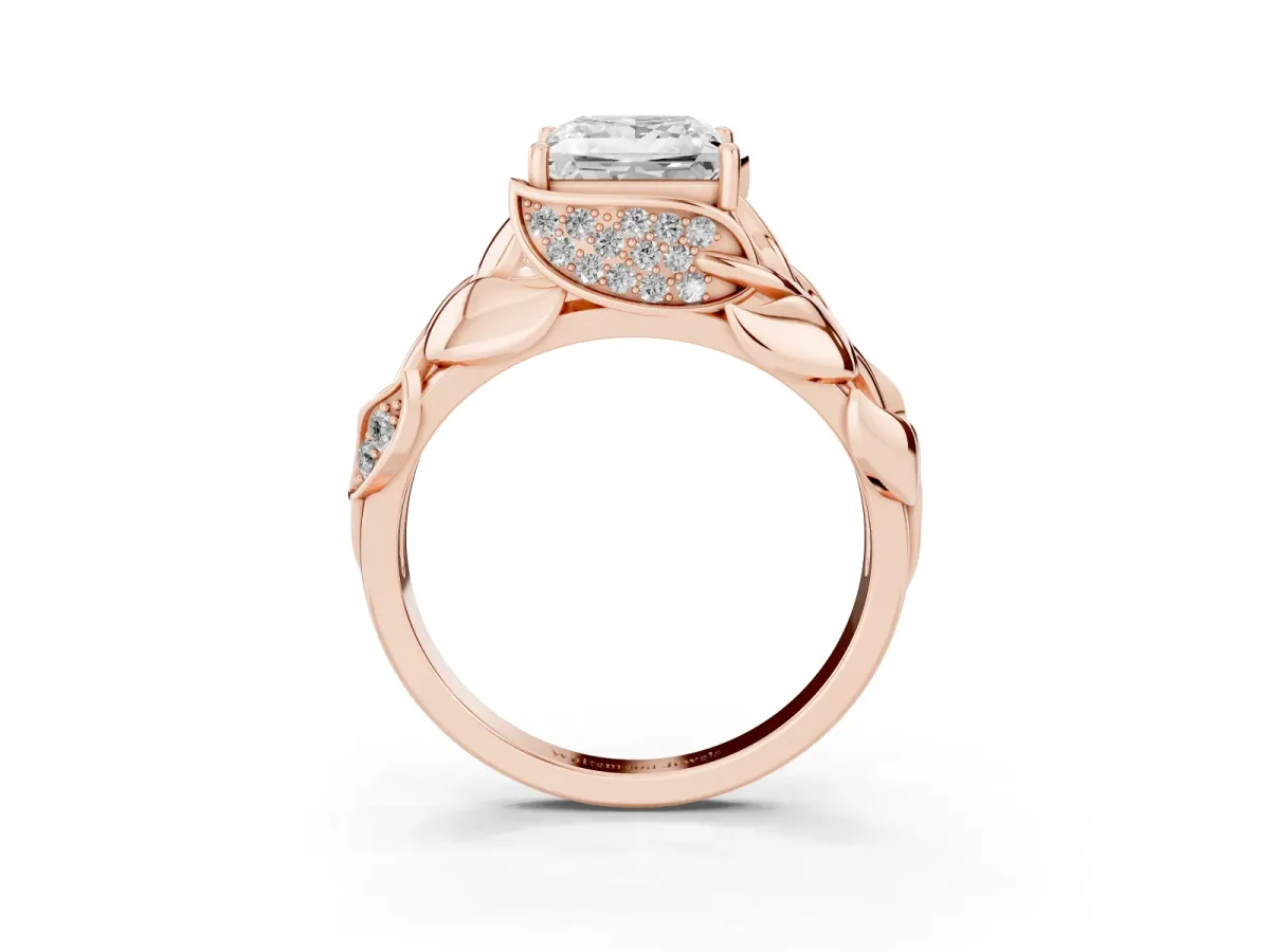 Princess Cut Diamond Leaf-Inspired Engagement Ring with Round Accents and Prong Setting Rose gold