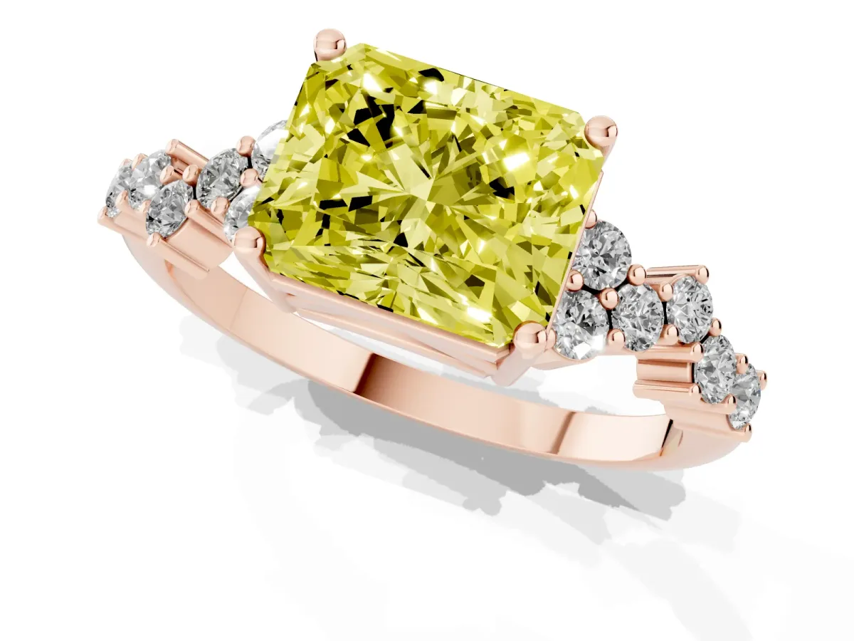Fancy Yellow Radiant Cut Diamond Scattered Round Accent Ring with Prong Setting Rose gold