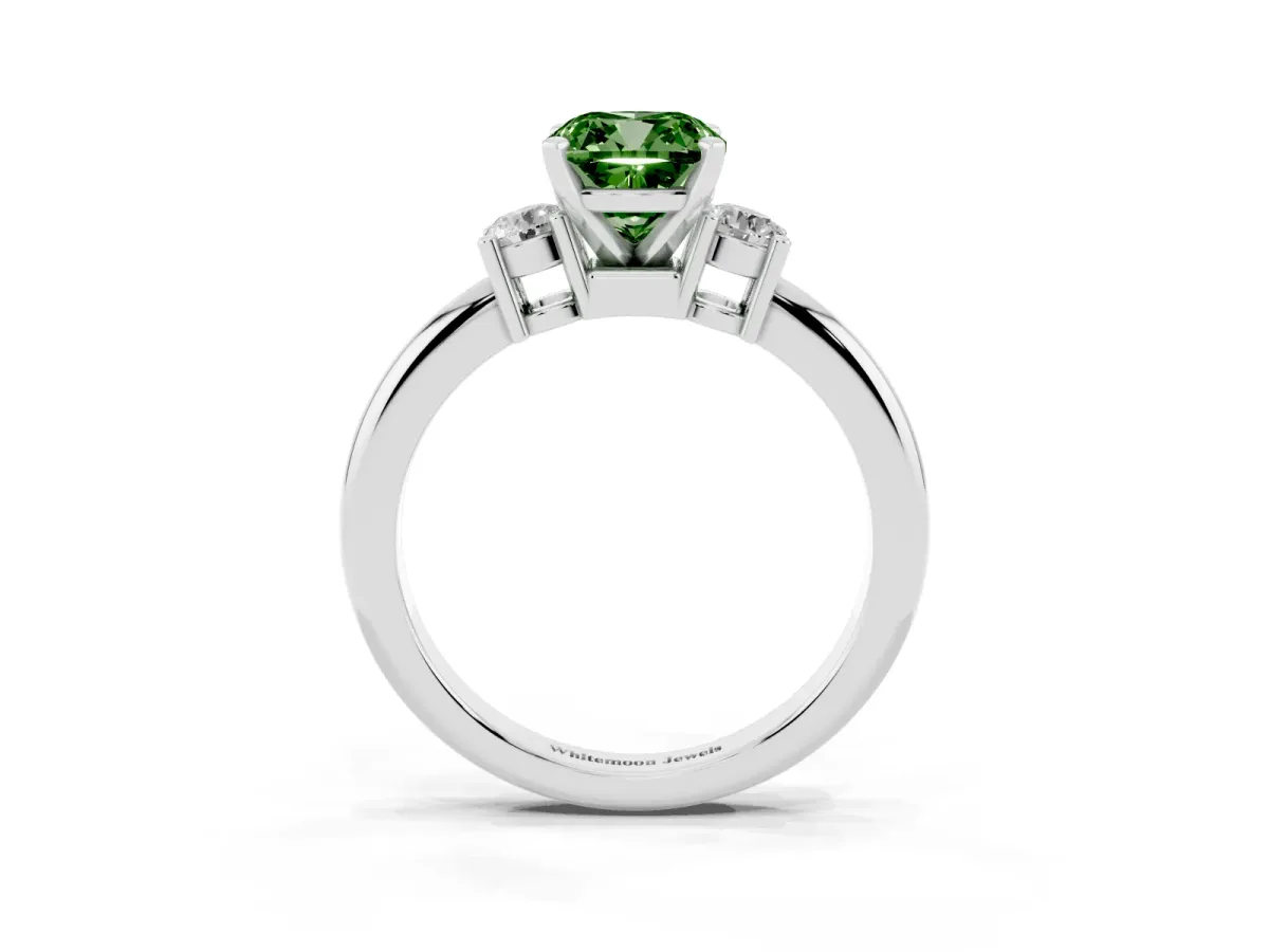 Fancy Green Three-Stone Cushion Cut Cut Diamond Solitaire with Prong Setting and Classic Band Silver