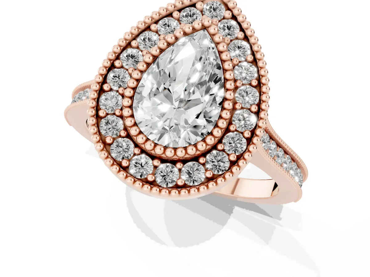 Pear Cut Diamond Halo Ring with Milgrain Frame and Pavé Band Rose gold