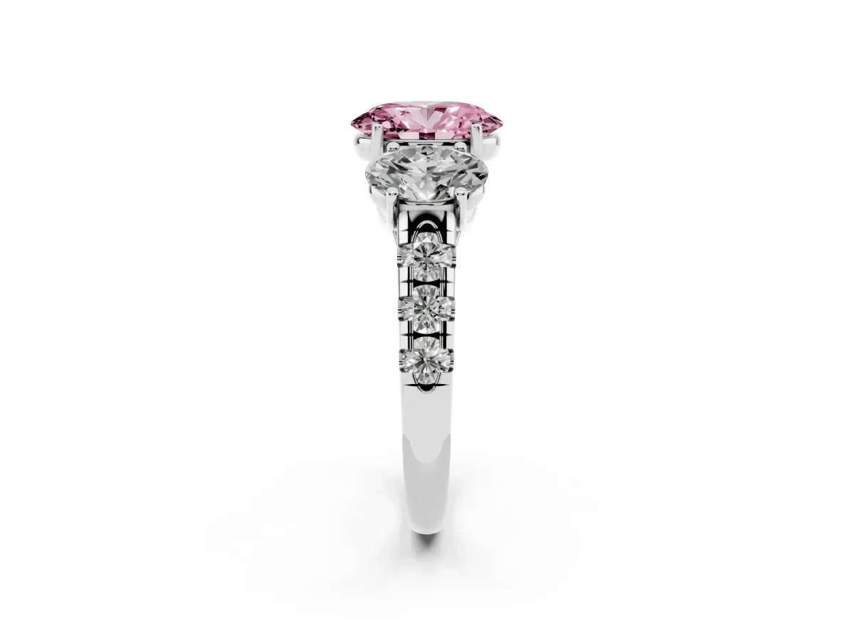 Fancy Pink Three-Stone Oval Cut Diamond Pavé Band with Prong Setting Platinum