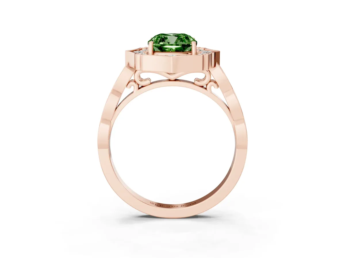 Fancy Green Cushion Cut Halo Diamond Engagement Ring with Milgrain Band and Four-Prong Setting Rose gold