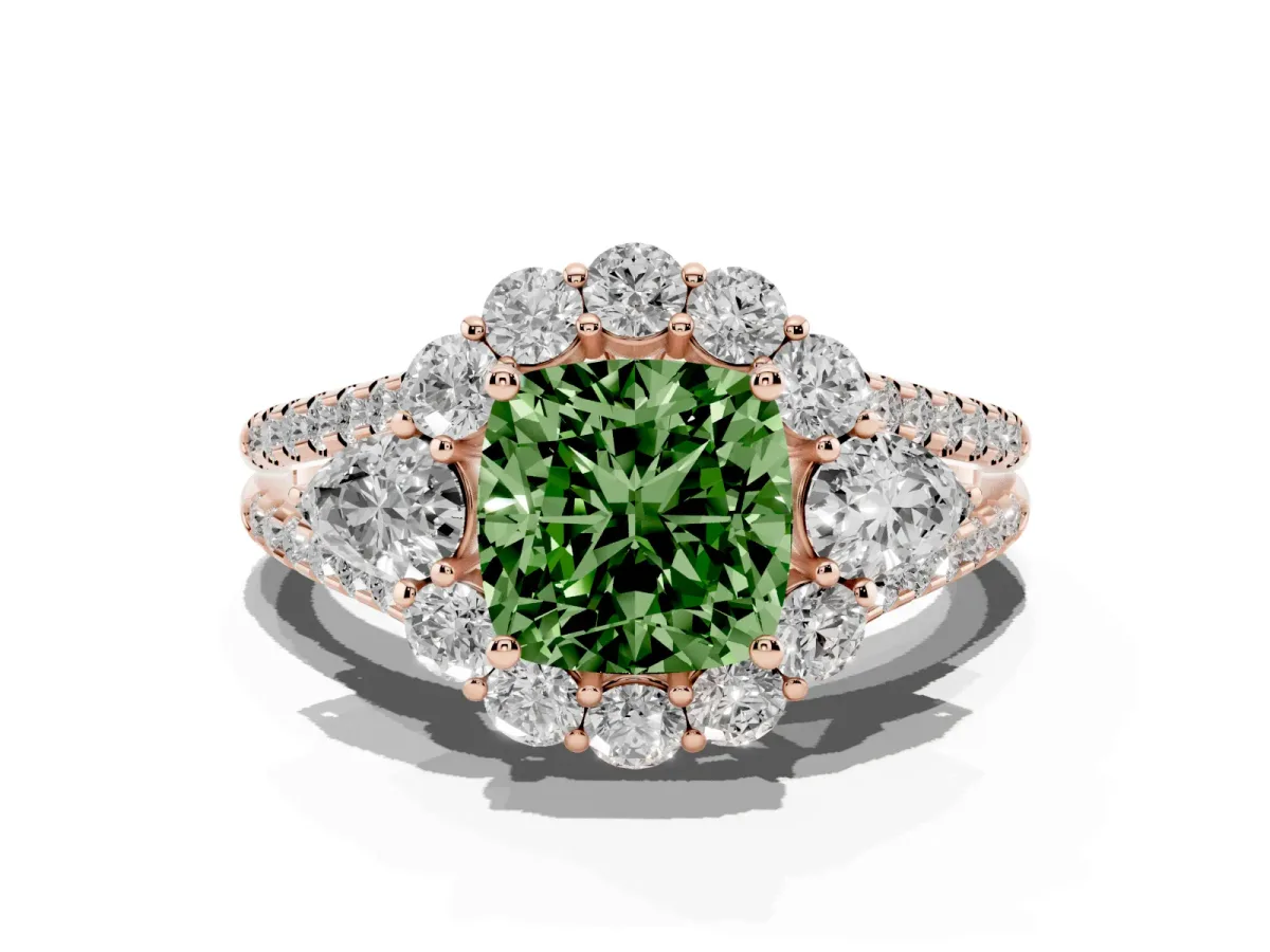 Fancy Green Cushion Cut Halo Split Shank Diamond Engagement Ring with Prong Setting Rose gold