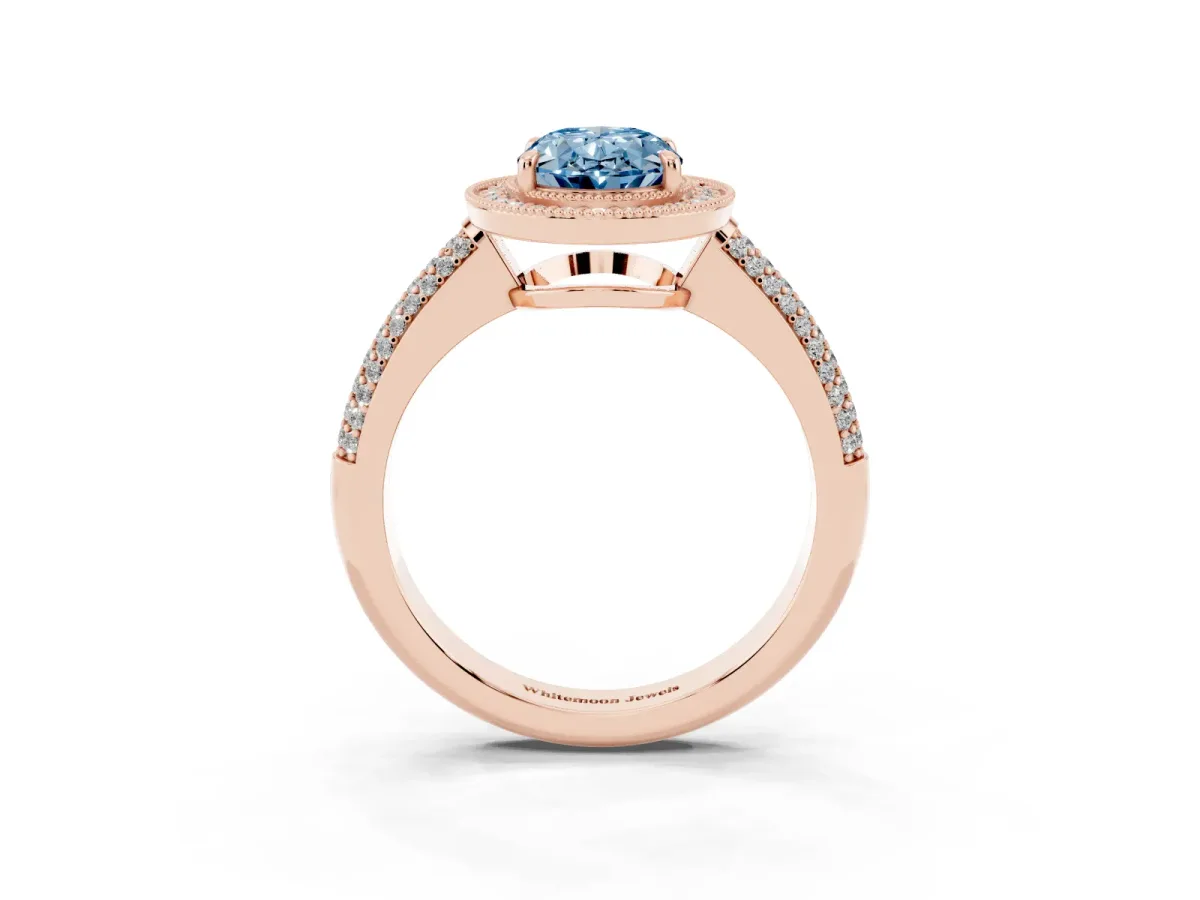 Fancy Blue Oval Cut Cut Halo Diamond Pave Band with Four-Prong Setting Rose gold