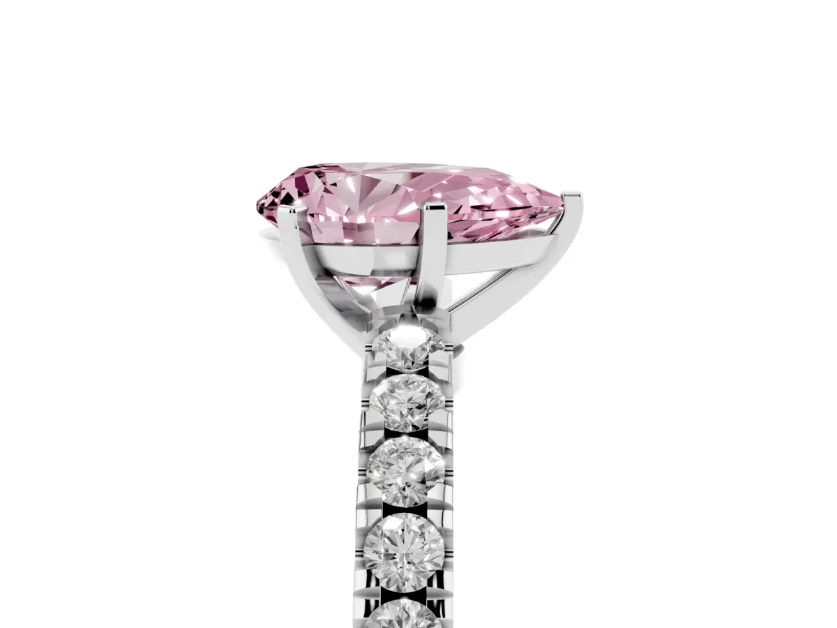 Fancy Pink Pear Cut Solitaire Diamond with Pavé Band and Four-Prong Setting Silver