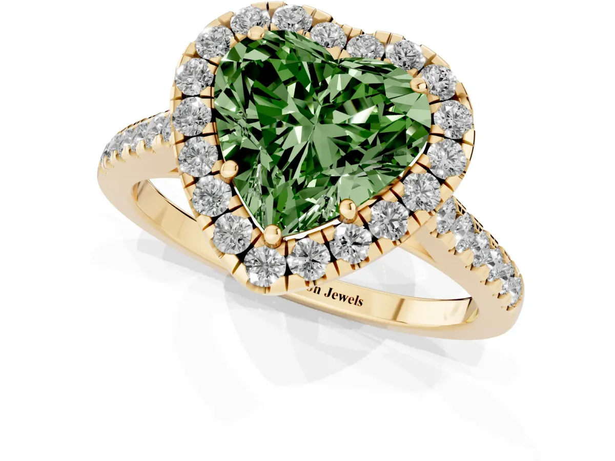 Fancy Green Heart Cut Halo Pave Diamond Engagement Ring with Four-Prong Setting Yellow gold