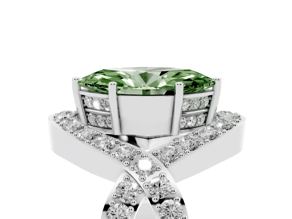 Fancy Green Marquise Cut Solitaire Twist Band Pavé Diamond Engagement Ring Silver