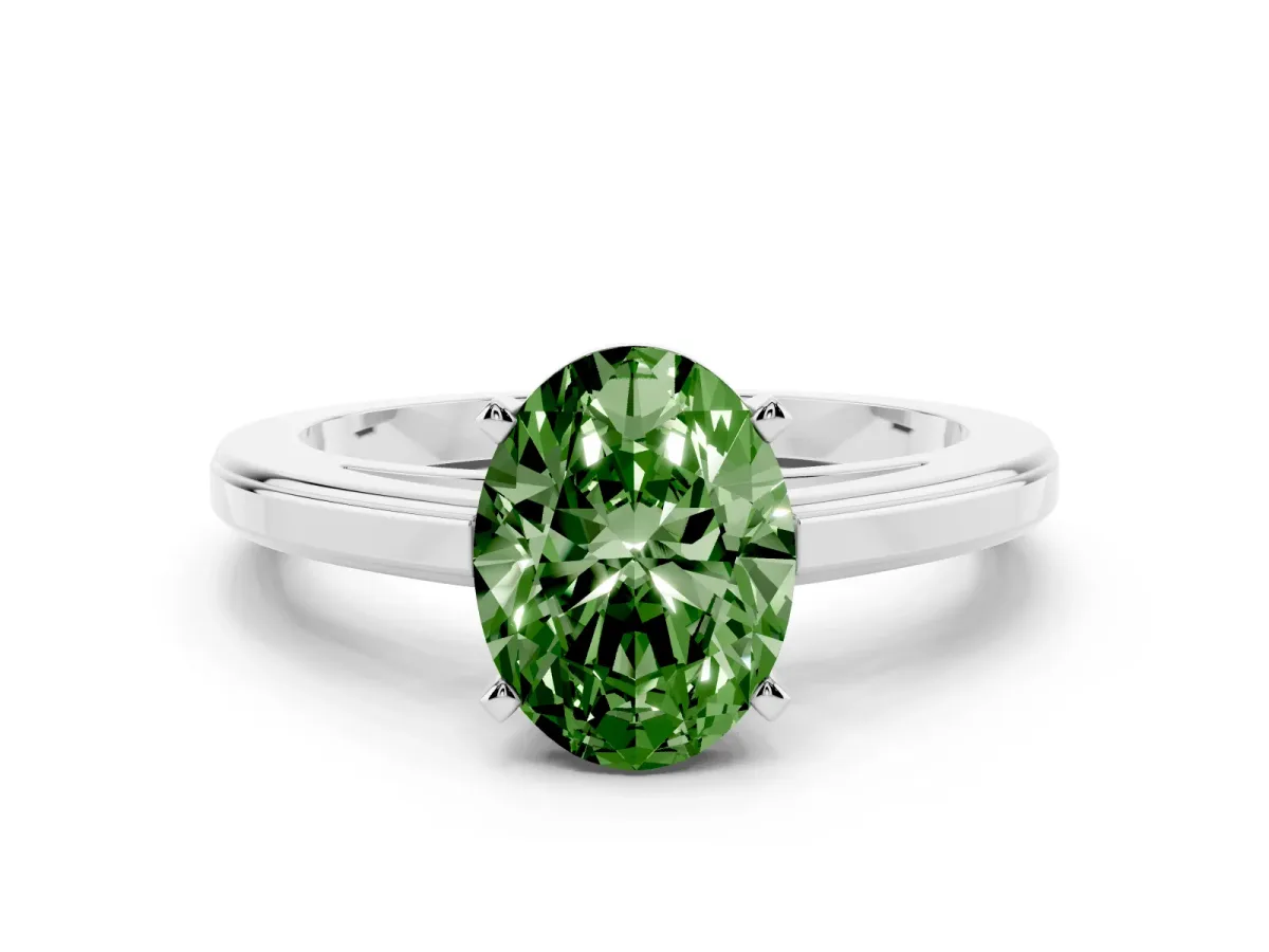 Fancy Green Oval Cut Solitaire Diamond Ring with Four-Prong Setting and Classic Band Silver