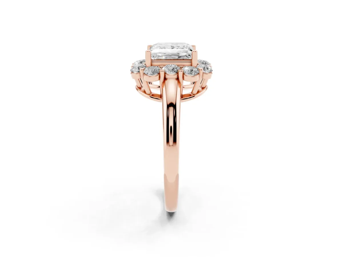 Princess Cut Halo Milgrain Solitaire with Bezel Set Side Stones and Pave Band Rose gold