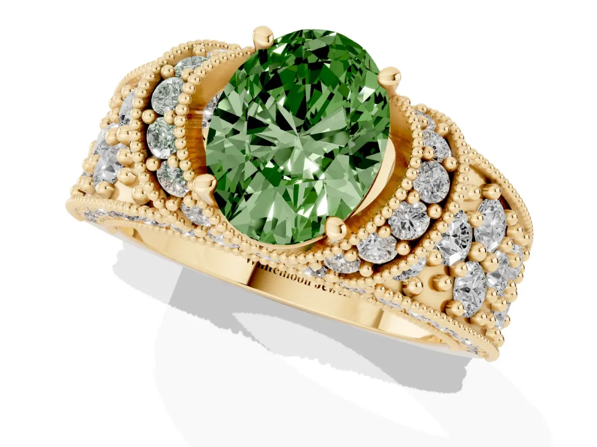 Fancy Green Oval Cut Halo Pave Diamond Engagement Ring with Milgrain Detailing Yellow gold