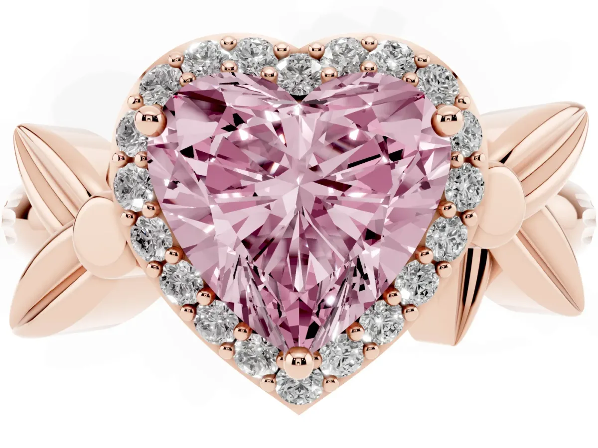 Fancy Pink Heart Cut Halo Diamond Floral Band with Four-Prong Setting Rose gold