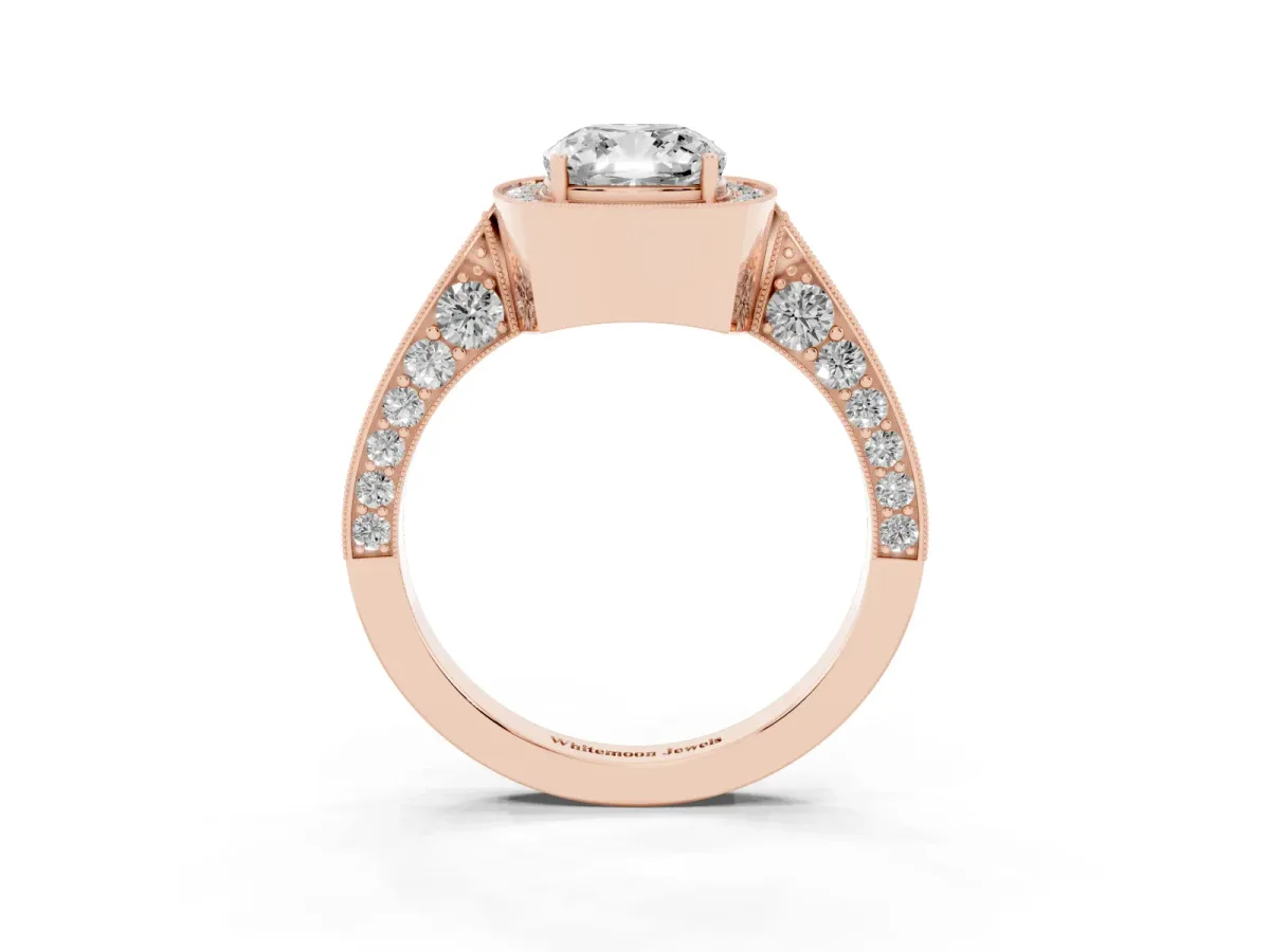 Cushion Cut Halo Diamond Engagement Ring with Split Shank Band and Four-Prong Setting Rose gold