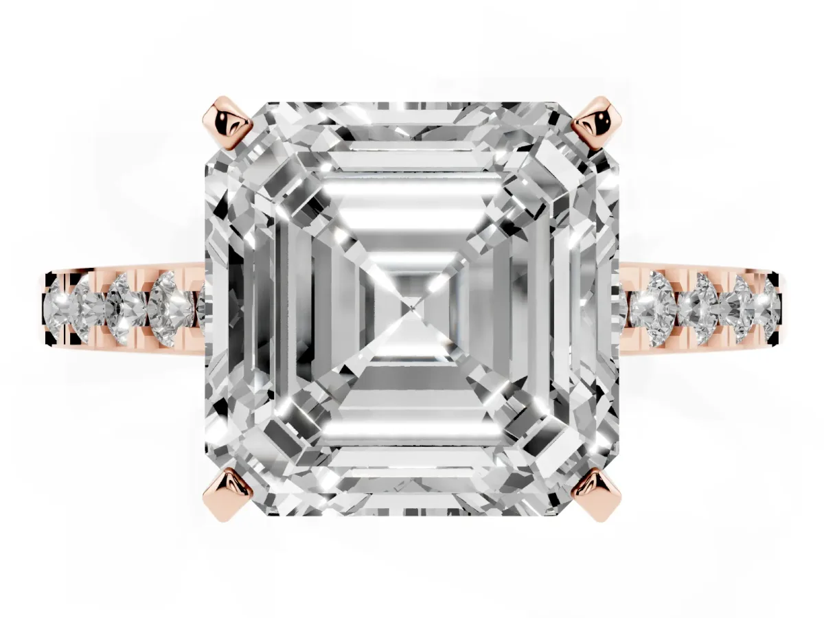 Asscher Cut Diamond Solitaire Ring with Crossover Gallery and Round Pavé Band Rose gold