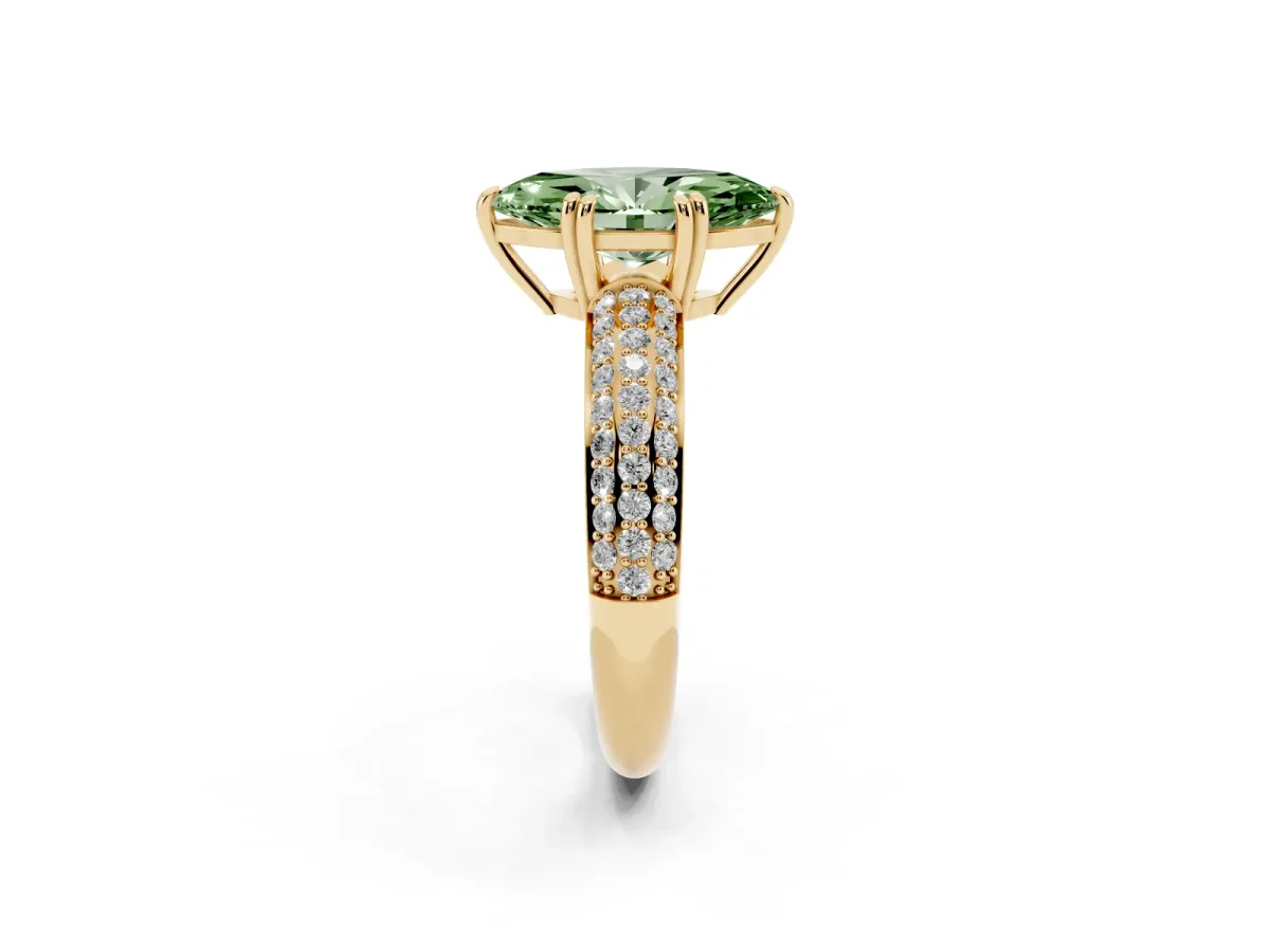 Fancy Green Marquise Cut Diamond Solitaire Ring with Multi-Row Round Pavé Band and Prong Setting Yellow gold