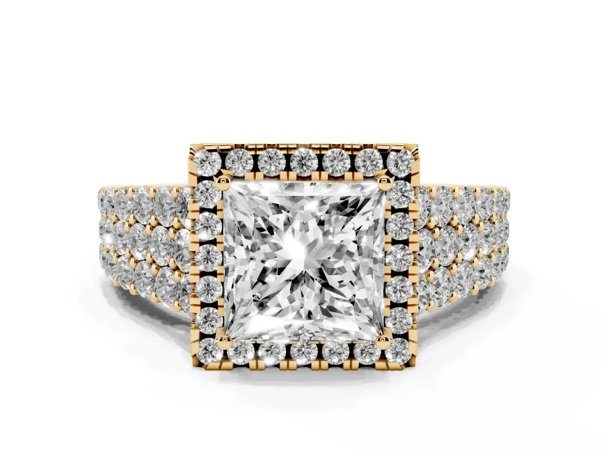 Princess Cut Diamond Halo Engagement Ring with Triple Row Round Pavé Band and Prong Setting Yellow gold