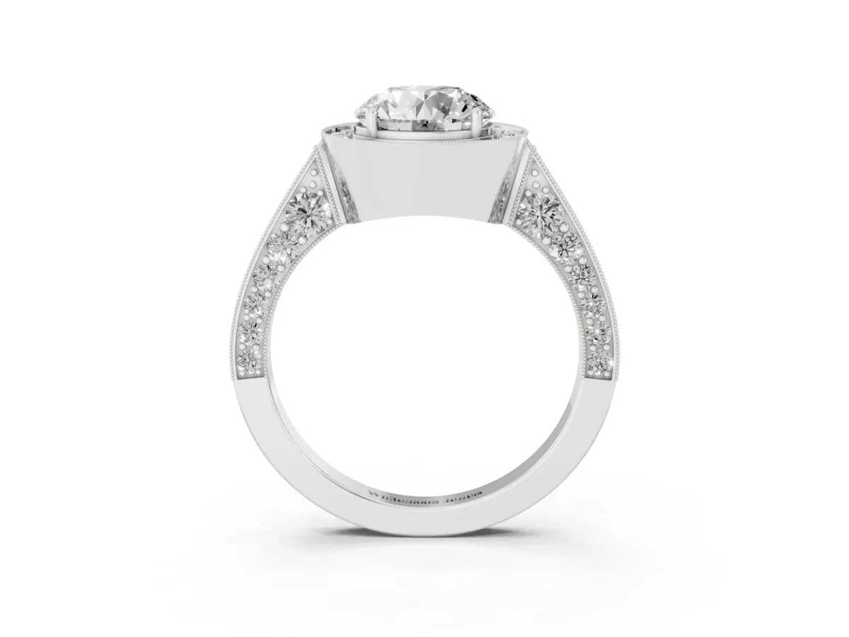 Round Cut Halo Diamond Engagement Ring with Split Shank Band and Four-Prong Setting Silver