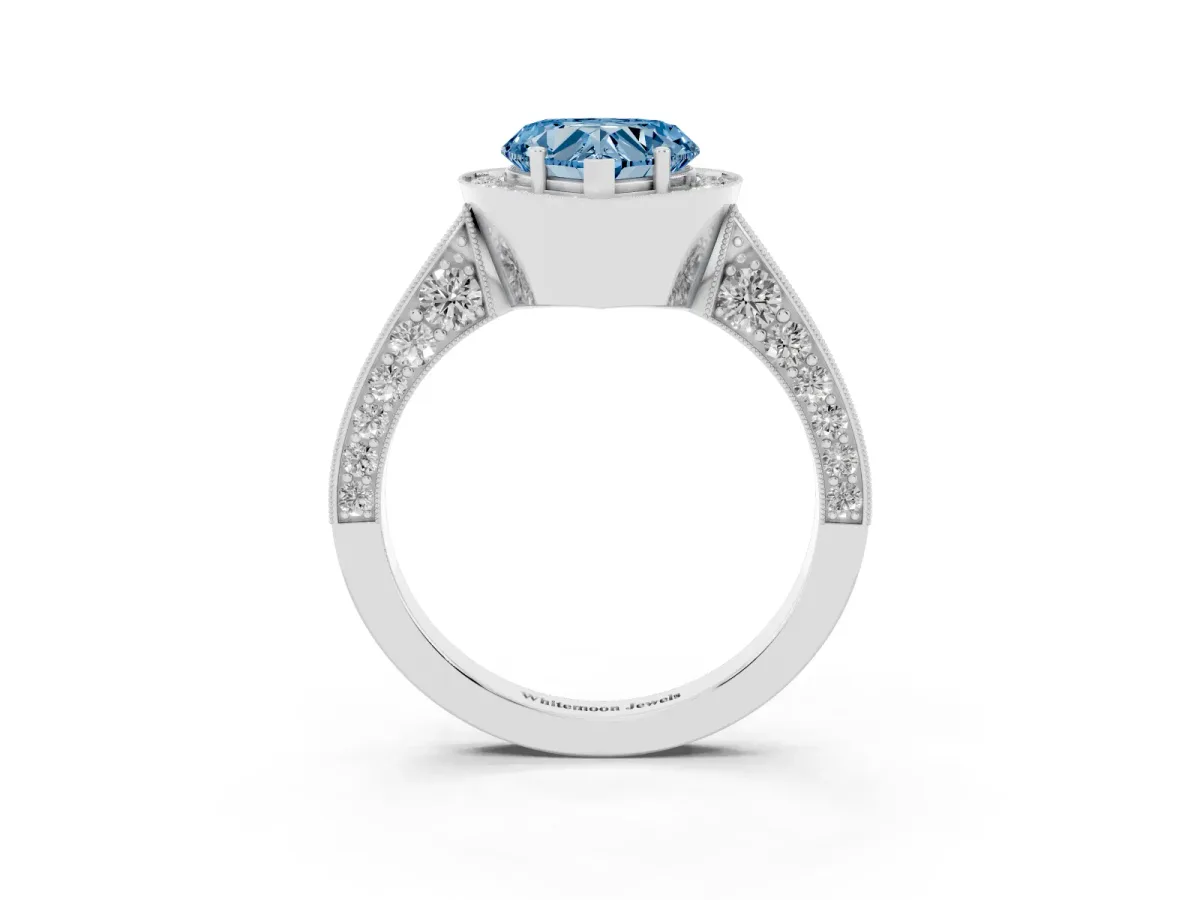 Fancy Blue Heart Cut Halo Diamond Engagement Ring with Split Shank Band and Four-Prong Setting Silver