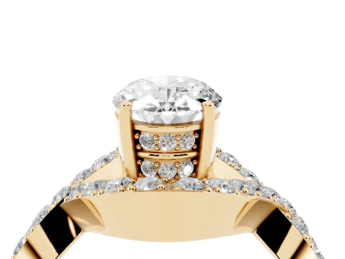 Oval Cut Solitaire Twist Band Pavé Diamond Engagement Ring Yellow gold