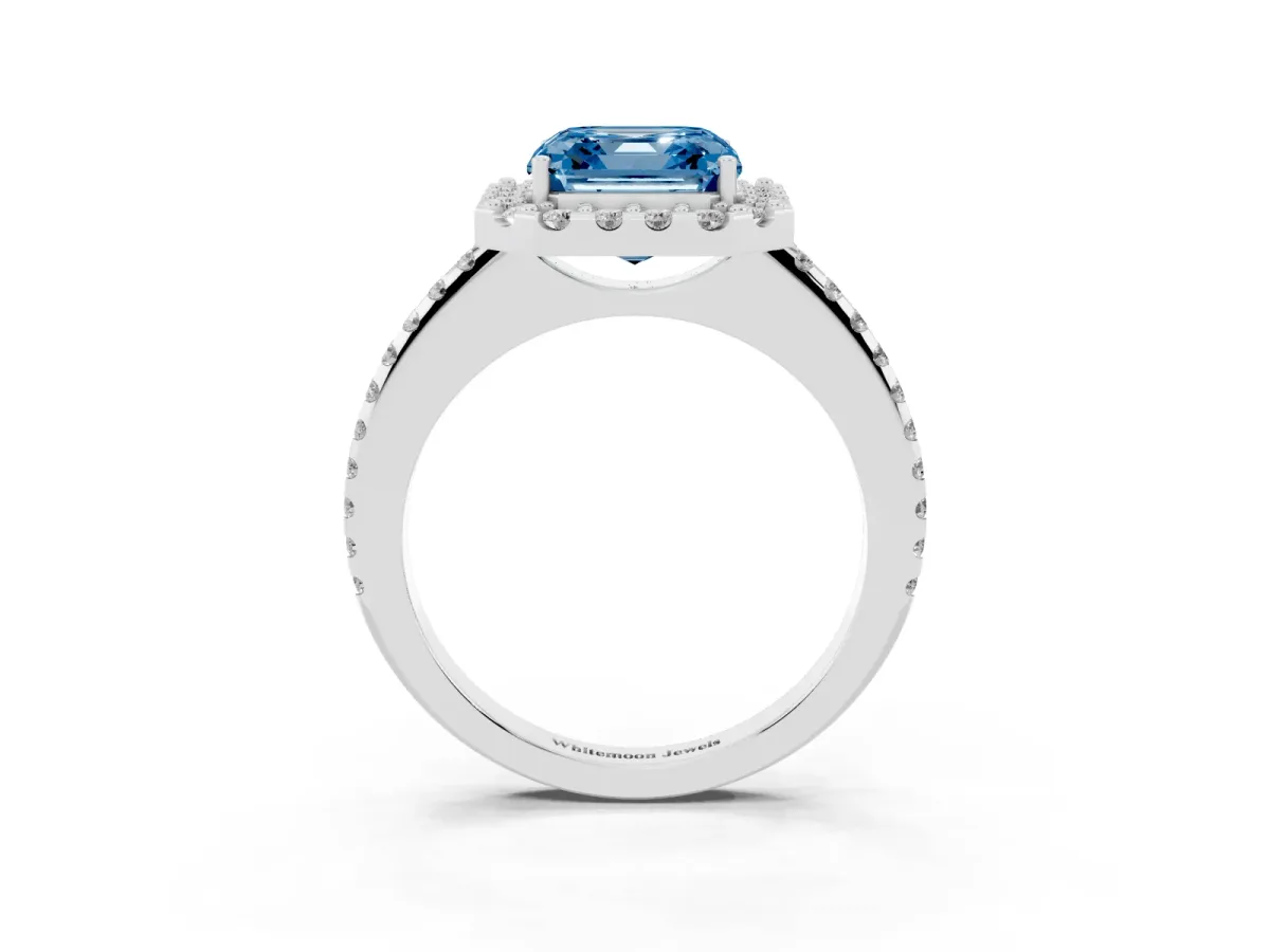 Fancy Blue Asscher Cut Diamond Pavé Halo Ring with Four-Prong Setting Platinum