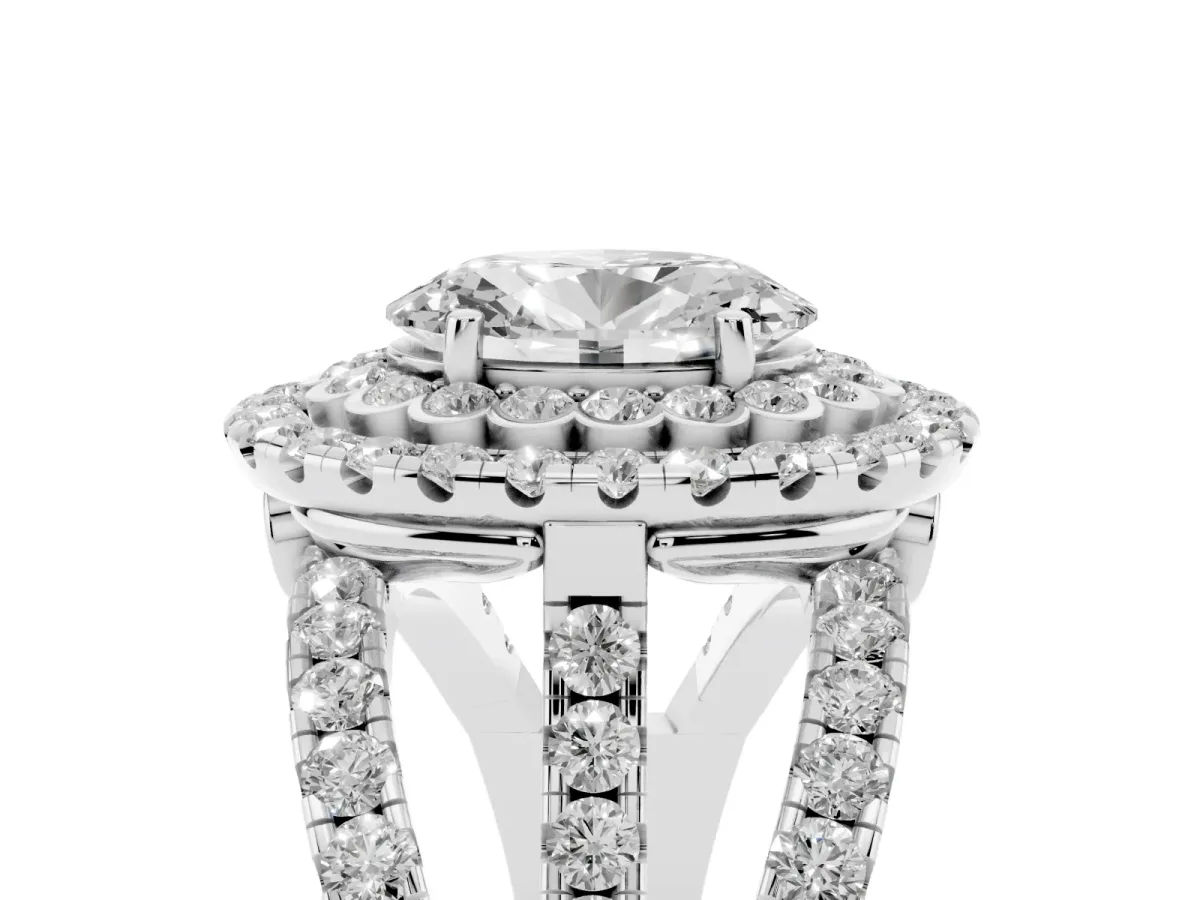Oval Cut Diamond Double Halo Ring with Round Pavé Split Shank and Prong Setting Silver