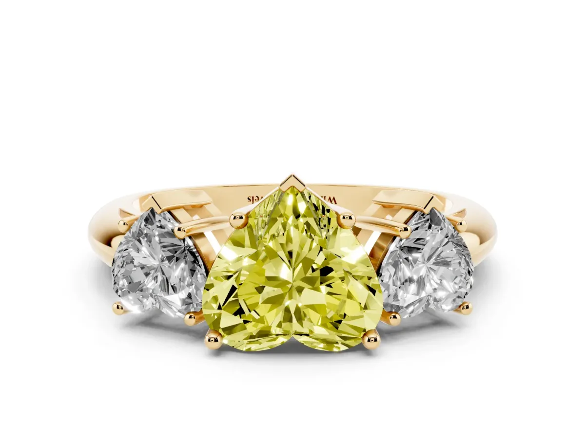 Fancy Yellow Three-Stone Heart Cut Cut Diamond Engagement Ring with Prong Setting on a White Gold Band Yellow gold