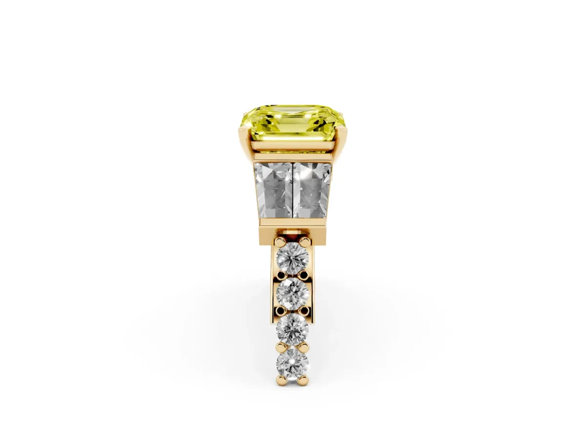 Fancy Yellow Asscher Cut Diamond Engagement Ring with Baguette Side Stones and Channel Set Band Yellow gold
