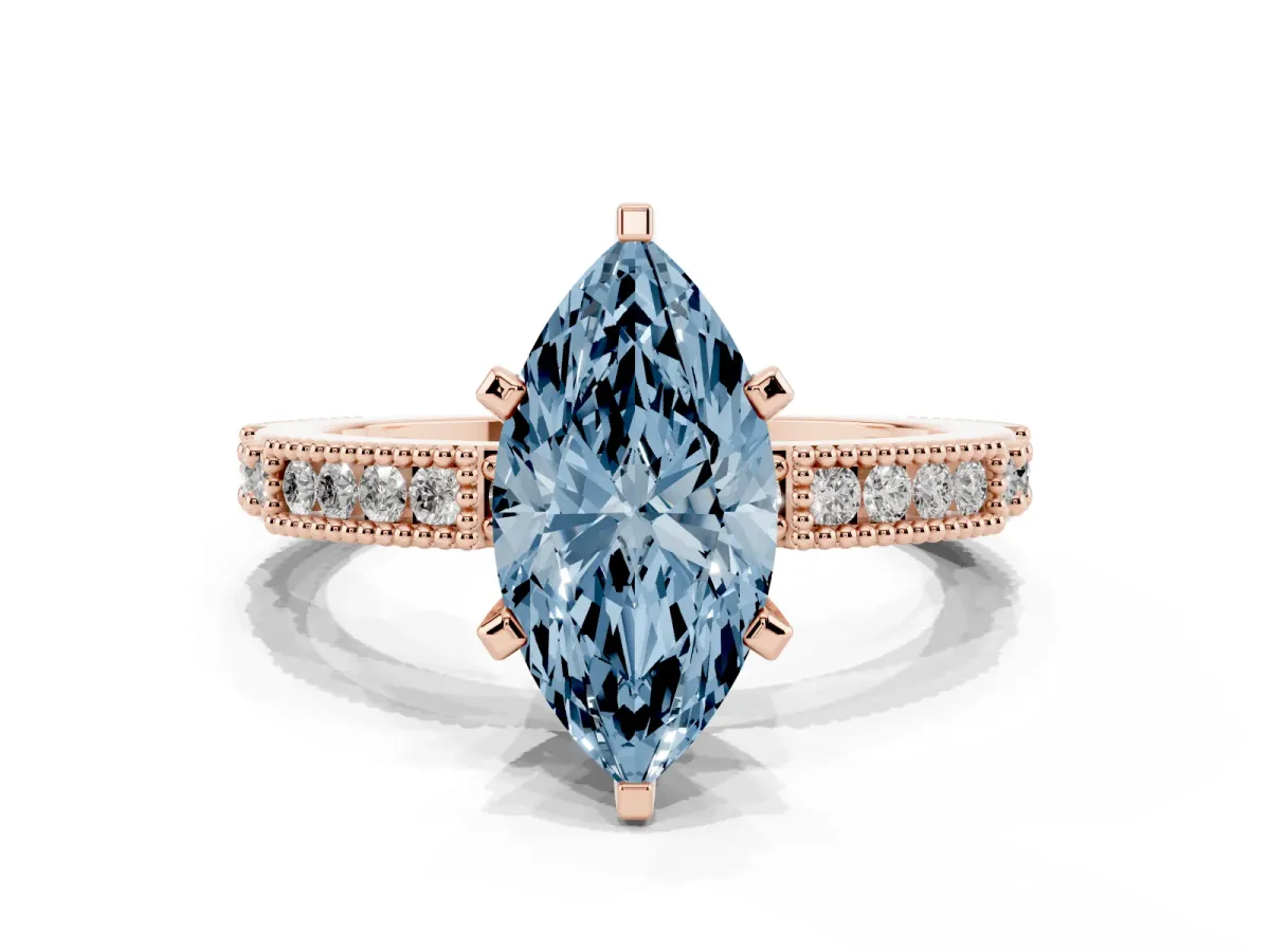 Fancy Blue Marquise Cut Solitaire with Pavé Band and Four-Prong Setting Rose gold