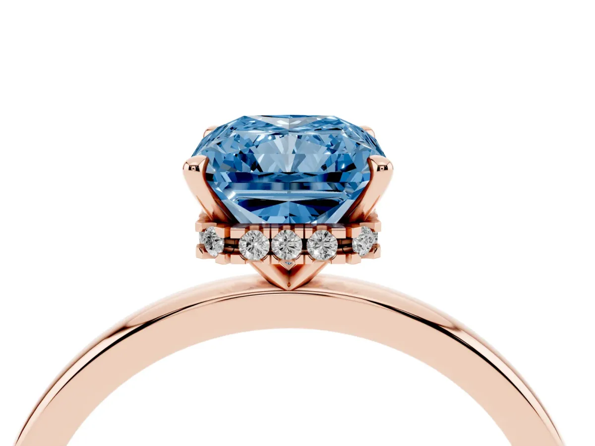 Fancy Blue Radiant Cut Solitaire Engagement Ring with Cathedral Band and Four-Prong Setting Rose gold
