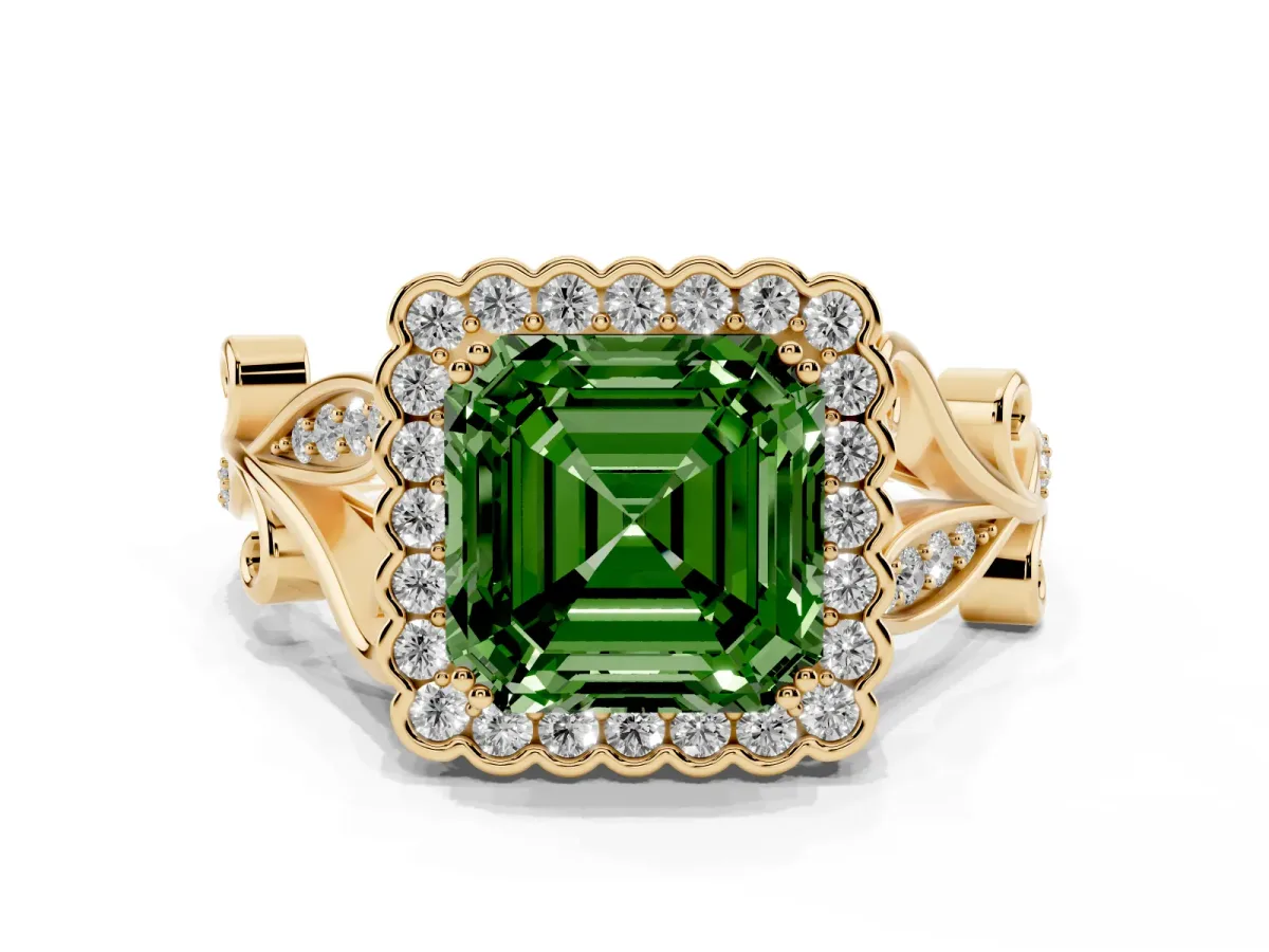 Fancy Green Asscher Cut Diamond Halo Ring with Vintage Split Shank and Four-Prong Setting Yellow gold