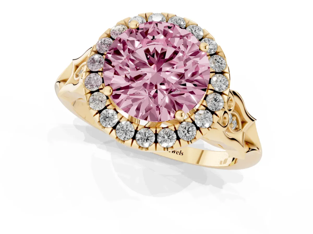 Fancy Pink Round Cut Halo Diamond Engagement Ring with Filigree Band and Four-Prong Setting Yellow gold