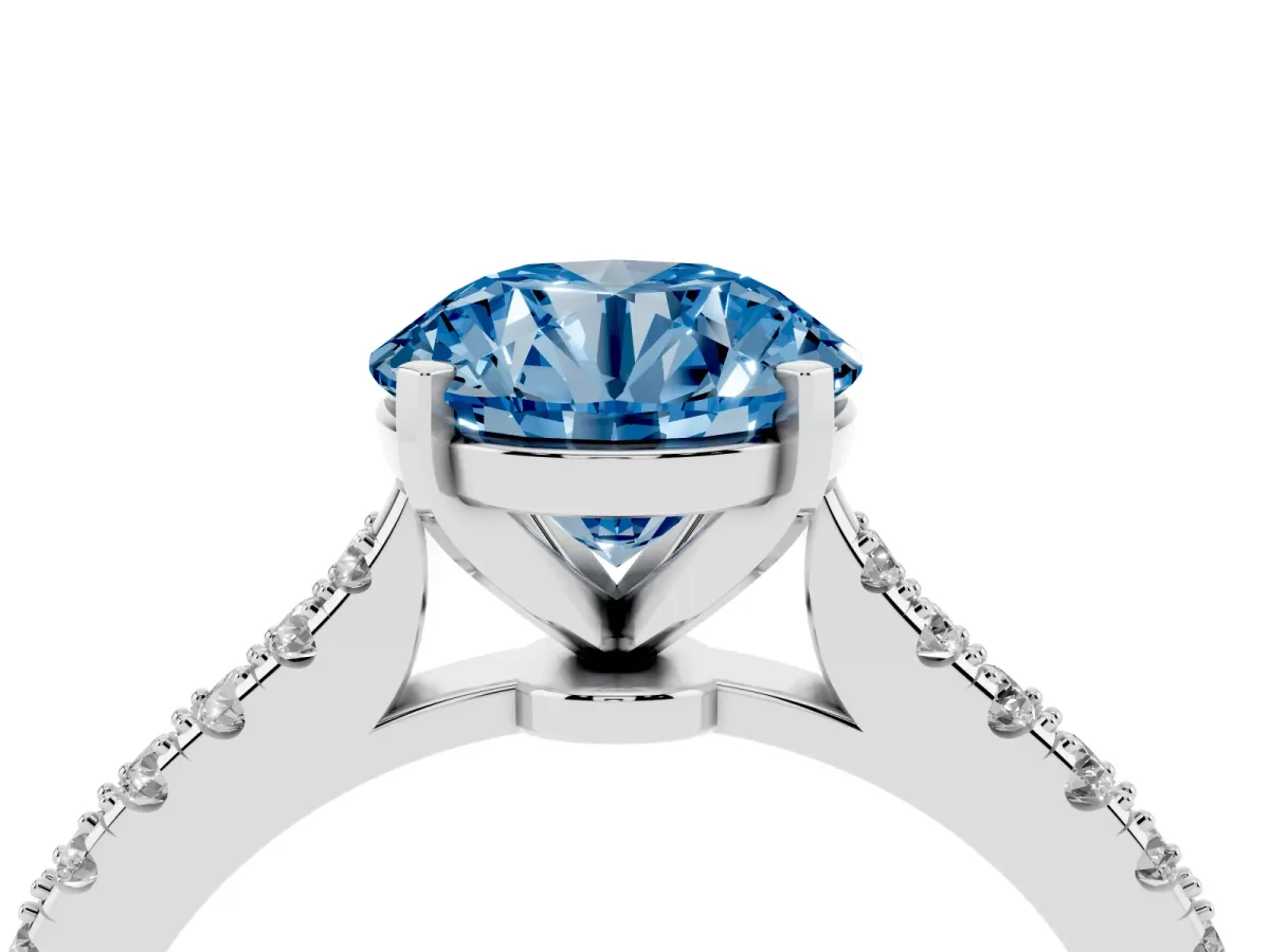 Fancy Blue Round Cut Cut Solitaire Diamond Engagement Ring with Pave Band and Four-Prong Setting Platinum