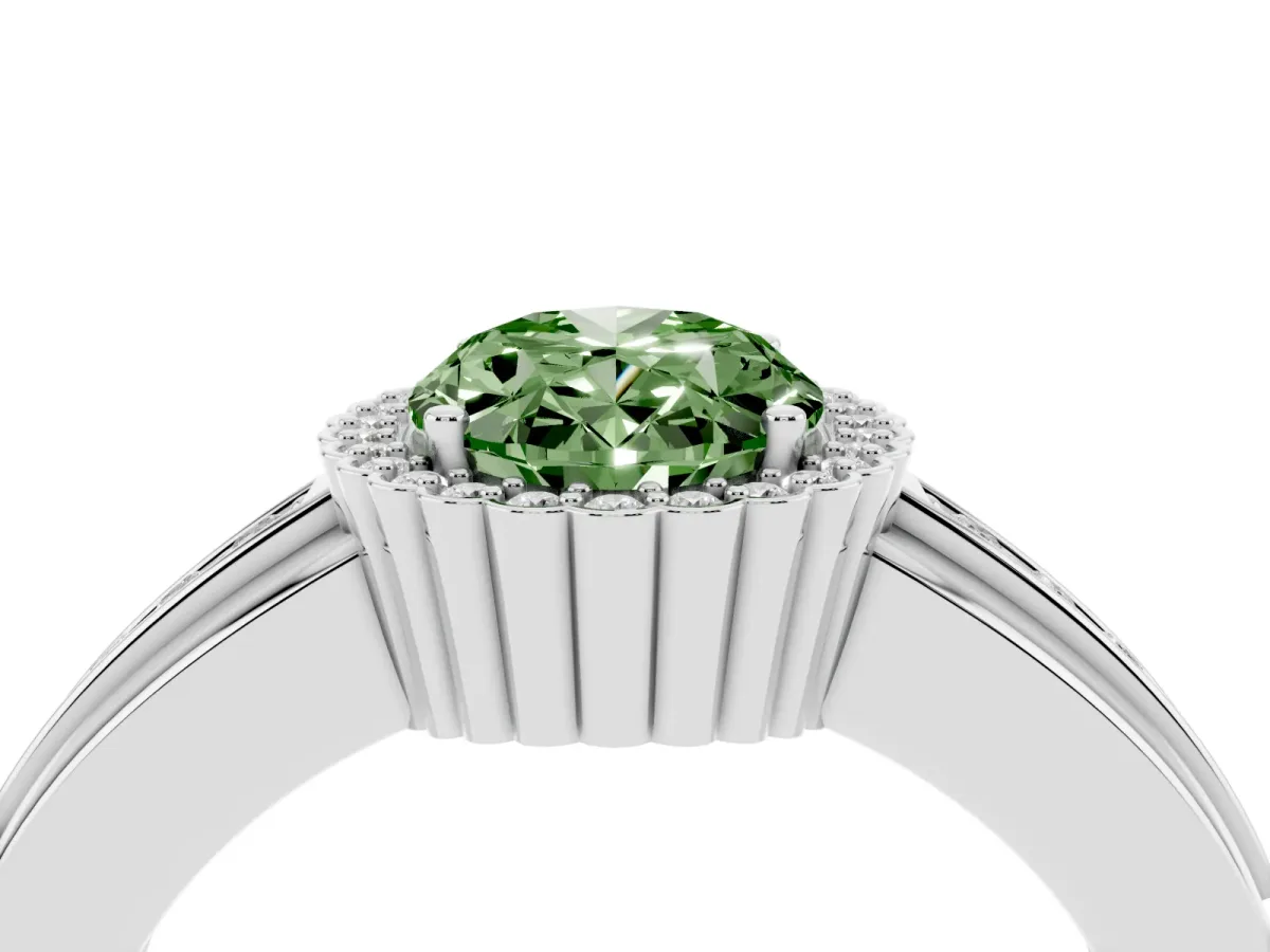 Fancy Green Oval Cut Cut Halo Pave Band Four-Prong Ring Silver