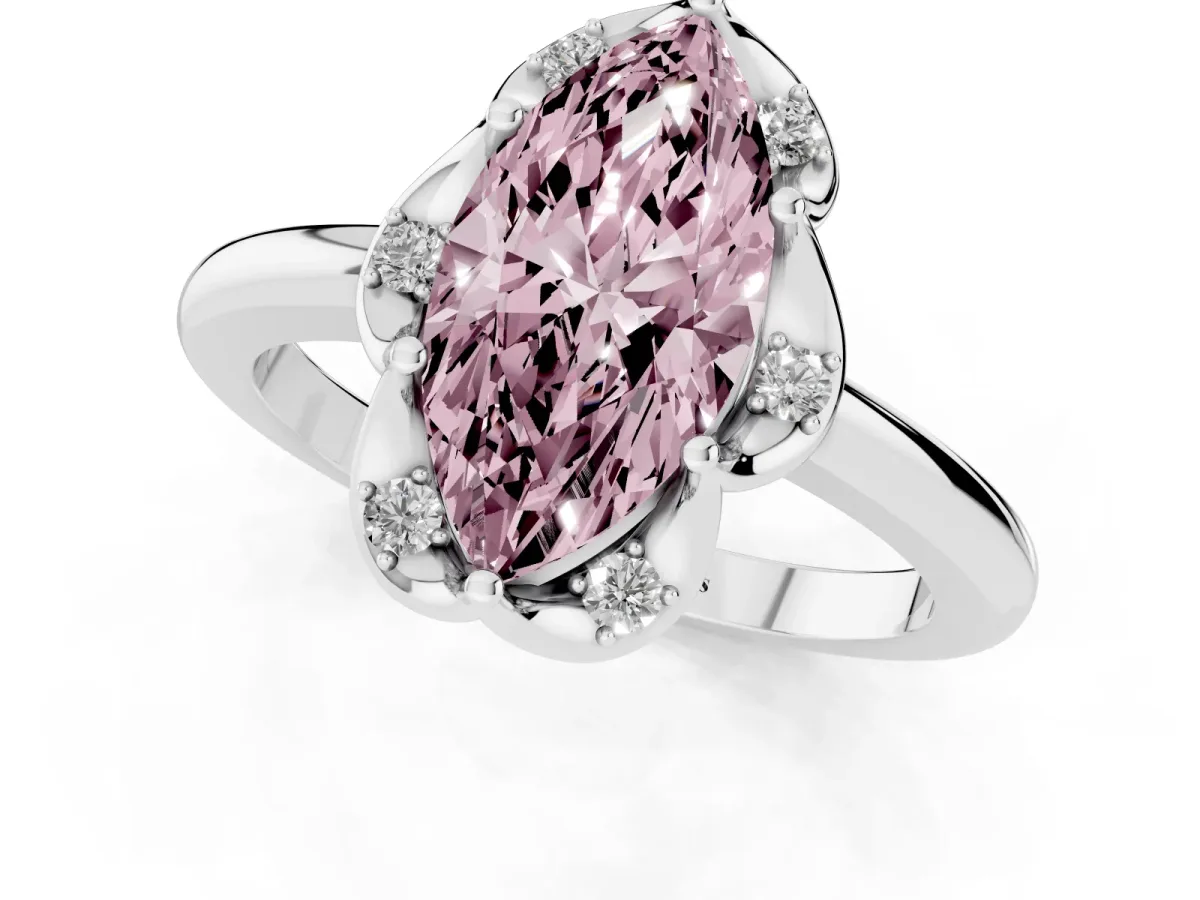 Fancy Pink Marquise Cut Halo Diamond Ring with Round Cluster Setting, Solitaire Band, and Four-Prong Setting Platinum