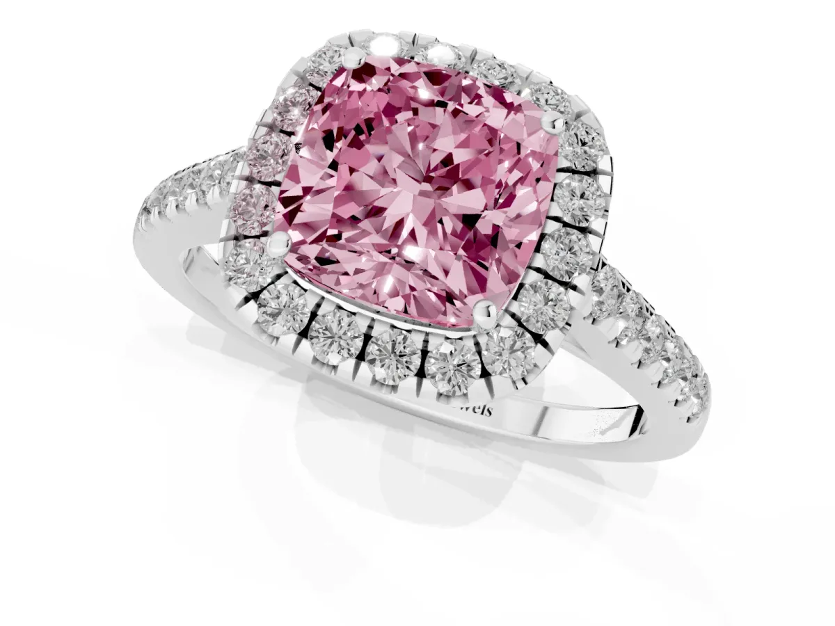 Fancy Pink Cushion Cut Halo Pave Diamond Engagement Ring with Four-Prong Setting Silver