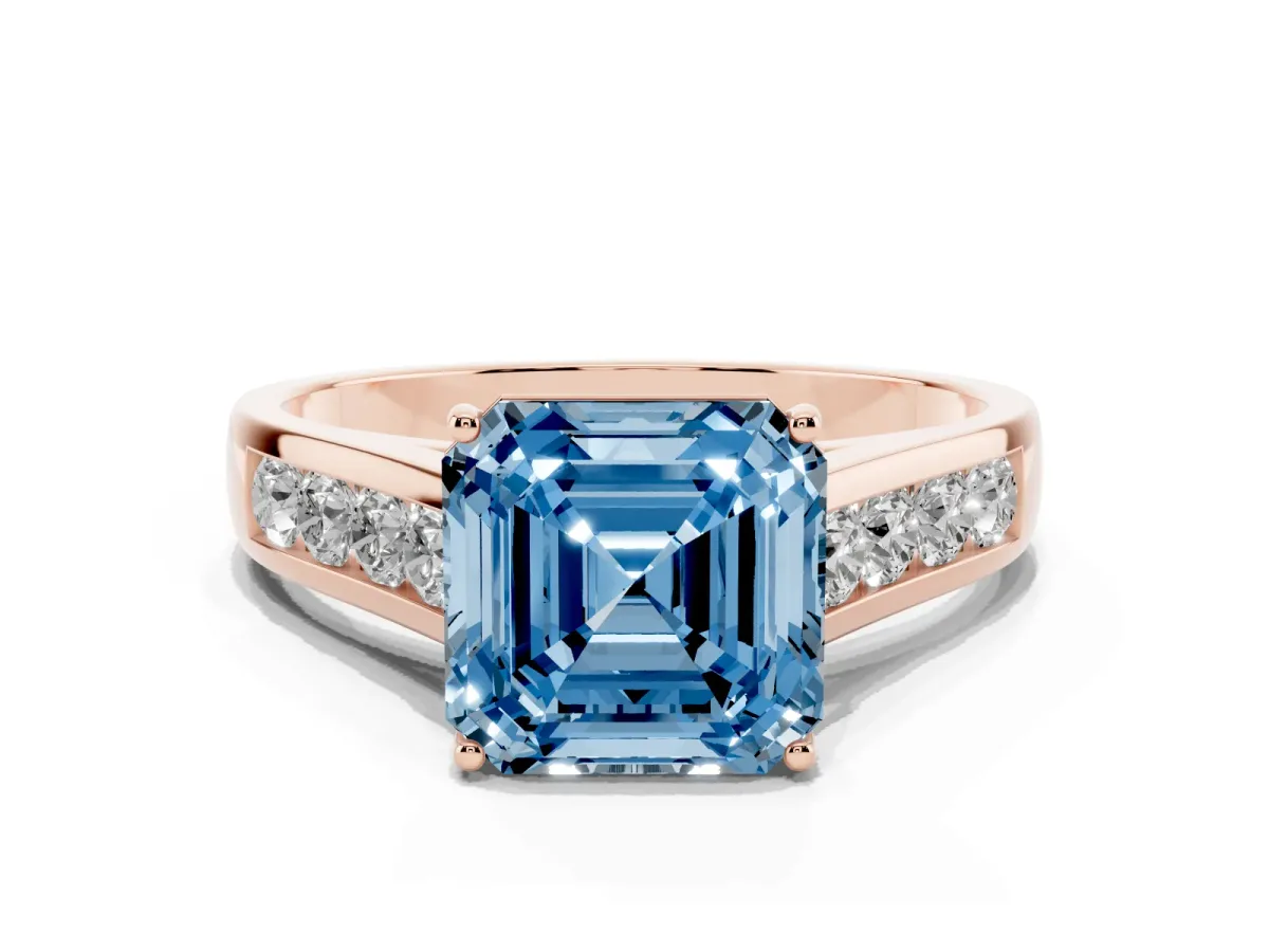 Fancy Blue Asscher Cut Brilliant Channel-Set Solitaire Ring with Four-Prong Setting Rose gold