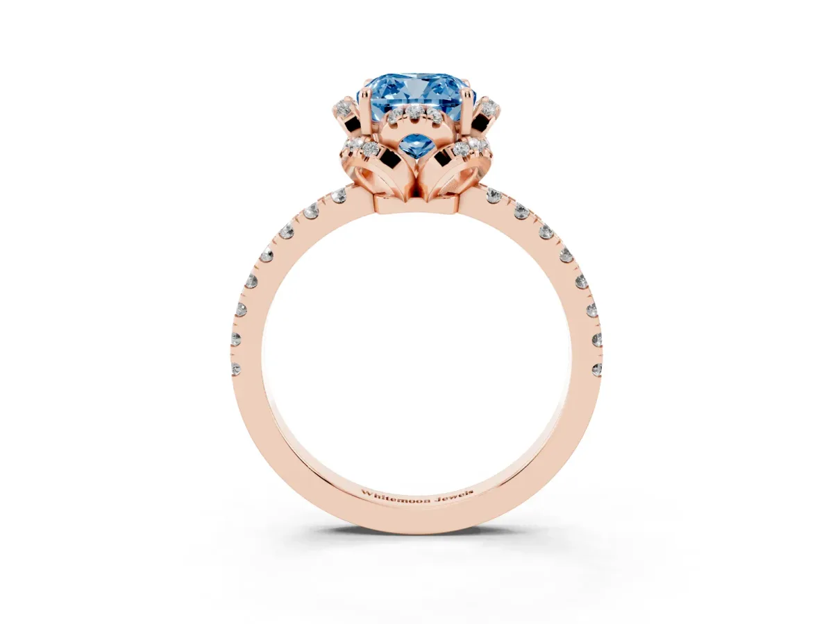 Fancy Blue Cushion Cut Diamond Halo Pave Band with Four-Prong Setting Rose gold