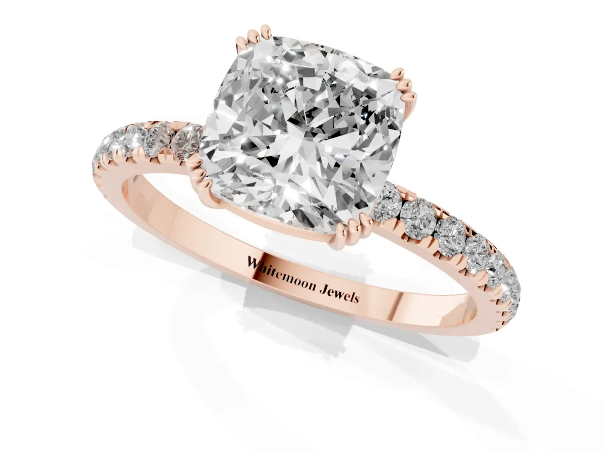 Cushion Cut Brilliant Solitaire with Pavé Band and Claw Prong Setting Rose gold