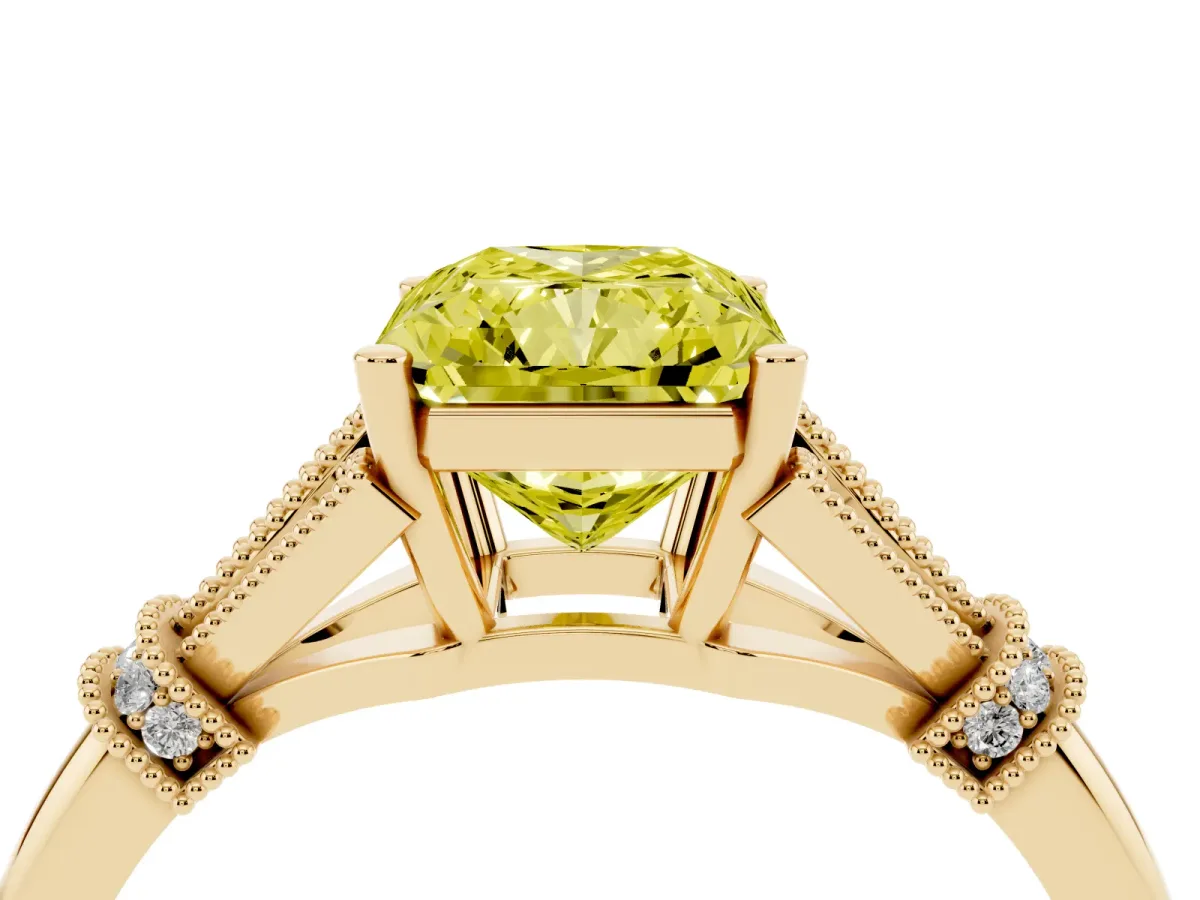 Fancy Yellow Radiant Cut Diamond Solitaire Ring with Floral Filigree and Pave Accents Yellow gold