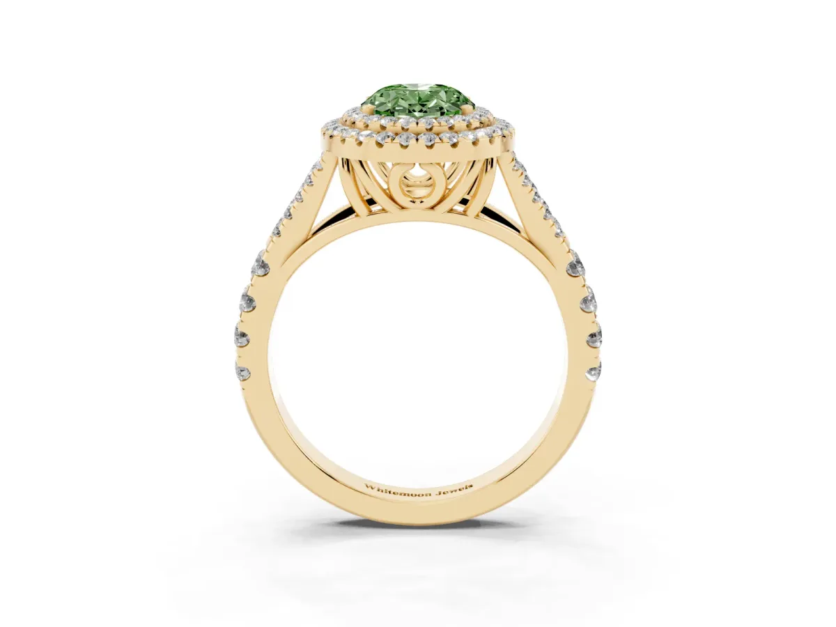 Fancy Green Oval Cut Diamond Pavé Split Shank Double Halo Engagement Ring Yellow gold