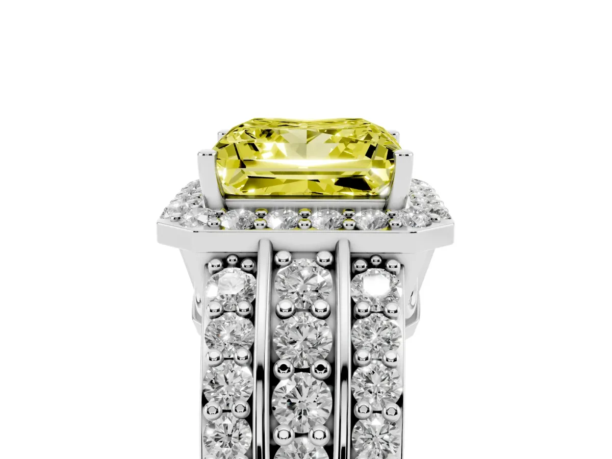 Fancy Yellow Princess Cut Halo Diamond Ring with Round Split Shank and Prong Setting Silver