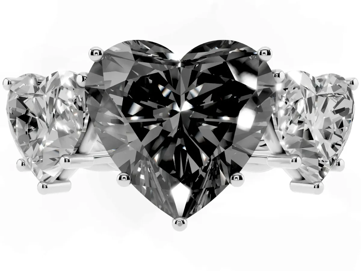Fancy Black Three-Stone Heart Cut Diamond Braided Band Ring with Four-Prong Setting Silver