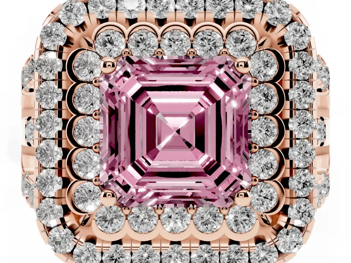 Fancy Pink Asscher Cut Diamond Double Halo Ring with Round Pavé Split Shank and Prong Setting Rose gold